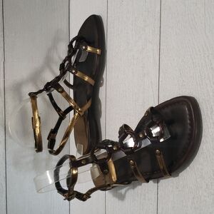 Stuart Weitzman Brown And Gold Ankle Strap Gladiator Sandals Size 7